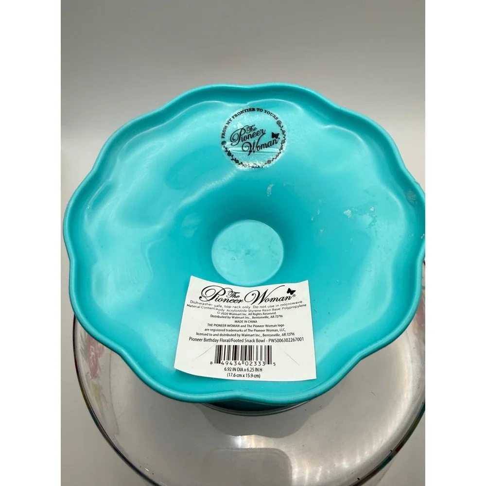 Pioneer Woman Birthday Floral Footed Snack Bowls Set of 2 Turquoise Melamine
